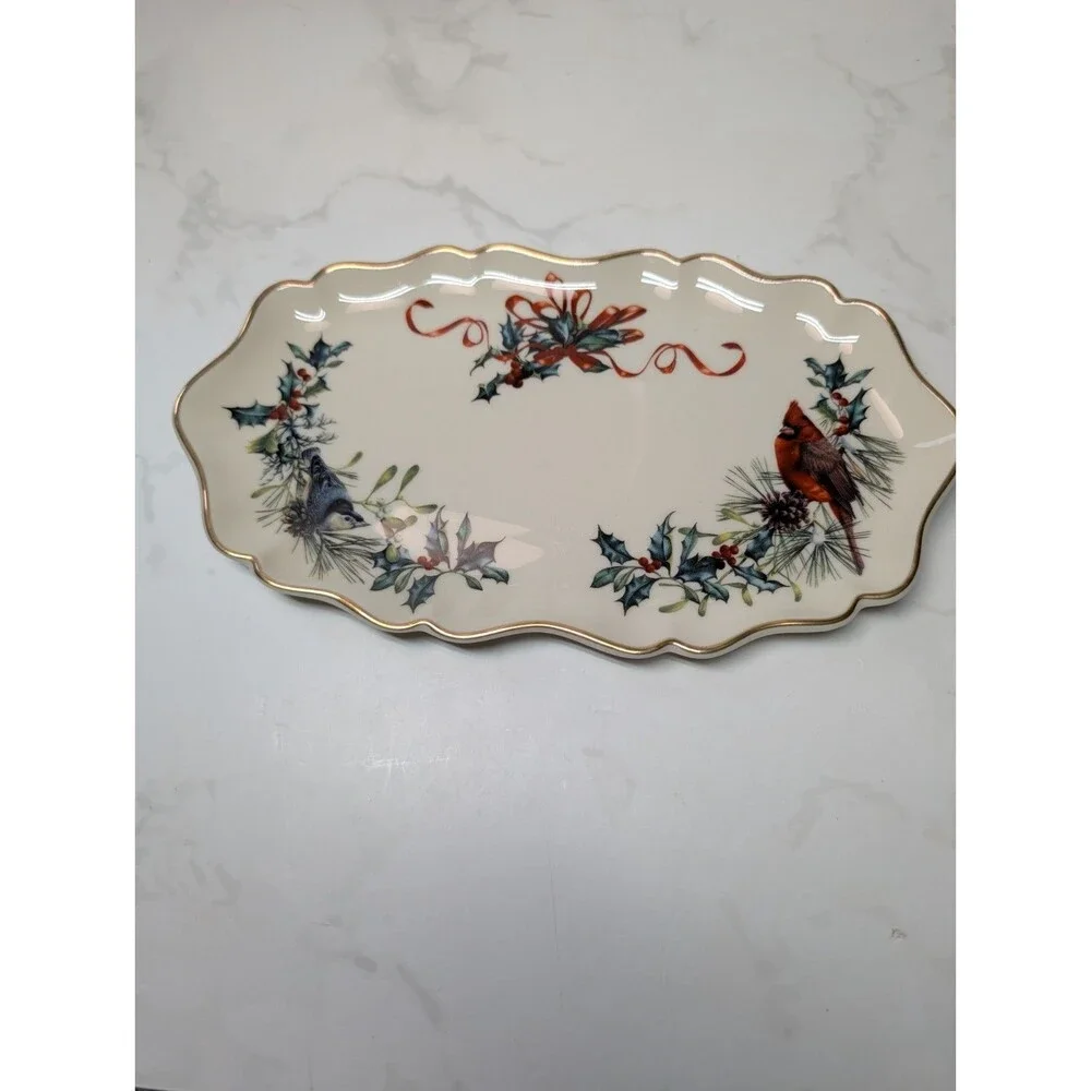 Lenox Holiday 4 Pc Serving Tray Cake Plate Leaf Dish Cardinal Platter USA